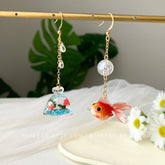 Fish in a Bag Earrings, Goldfish Asymmetry Earrings, Fish Earrings Dangle Unique
